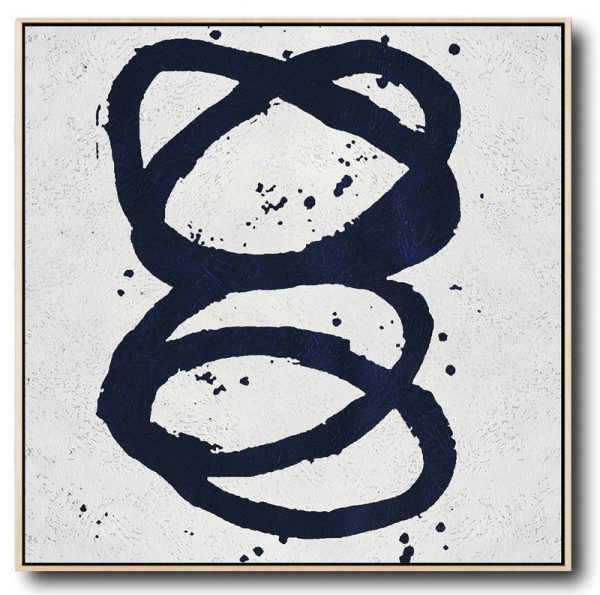 Handmade Large Contemporary Art,Minimalist Navy Blue And White Painting,Canvas Artwork For Living Room