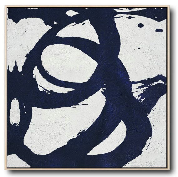 Large Contemporary Art Acrylic Painting,Minimalist Navy Blue And White Painting,Canvas Painting Wall Decor