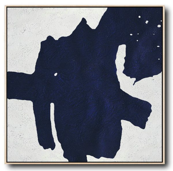 Hand Made Abstract Art,Minimalist Navy Blue And White Painting,Decorating A Big Living Room