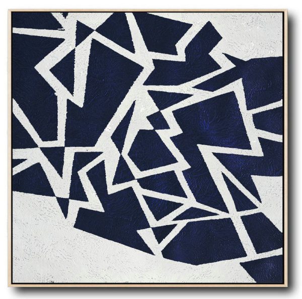 Oversized Canvas Art On Canvas,Minimalist Navy Blue And White Painting,Lounge Wall Decor