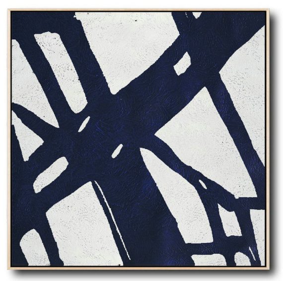 Large Abstract Painting,Minimalist Navy Blue And White Painting,Pretty Abstract Paintings