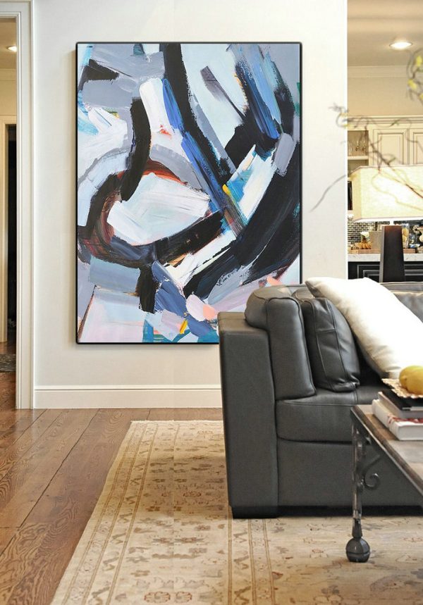 Original Extra Large Wall Art,Vertical Palette Knife Contemporary Art,Acrylic Painting Canvas Art,White,Grey,Black,Blue.etc - Image 2