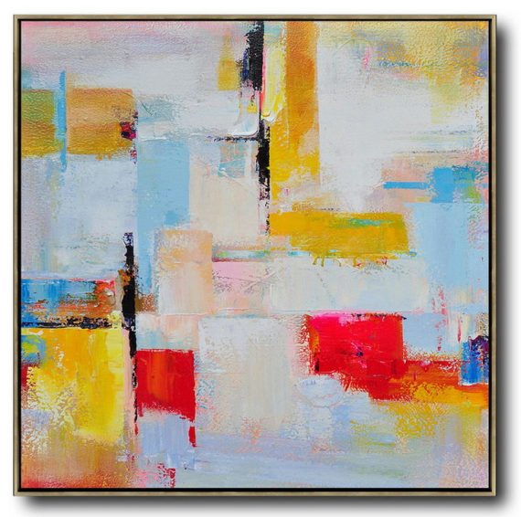 Extra Large Canvas Art,Oversized Palette Knife Painting Contemporary Art On Canvas,Wall Art Ideas For Living Room,Grey,Yellow,Red,Sky Blue.etc