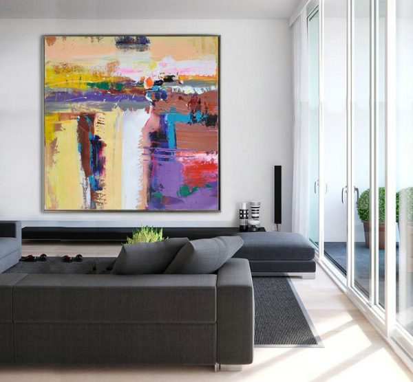 Handmade Large Contemporary Art,Oversized Palette Knife Painting Contemporary Art On Canvas,Modern Canvas Art,Yellow,Purple,Brown,Taupe.etc - Image 3