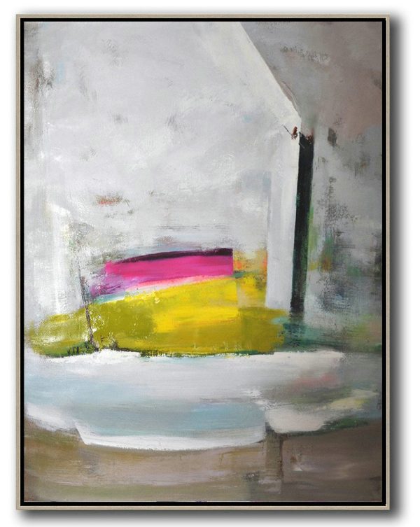 Extra Large Canvas Art,Handmade Acrylic Painting,Vertical Palette Knife Contemporary Art,Modern Paintings On Canvas,Grey,White,Yellow,Pink.etc