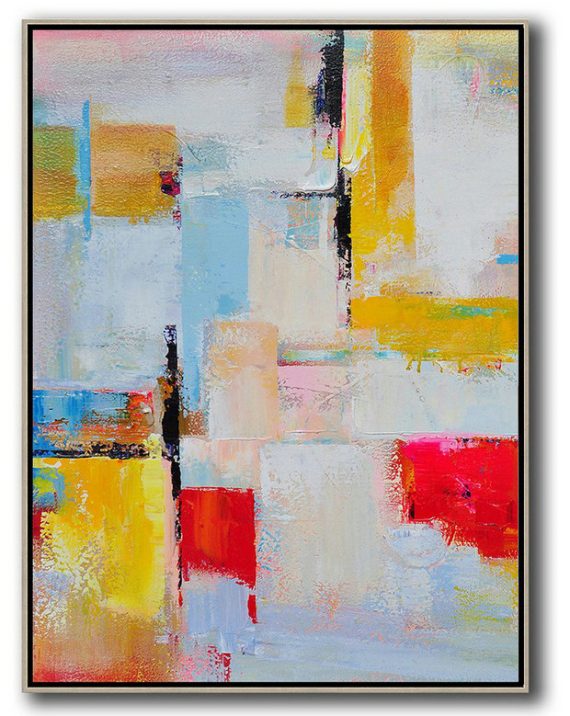 Extra Large Abstract Painting On Canvas,Vertical Palette Knife Contemporary Art,Big Canvas Painting,Pink,Red,Yellow,Grey,Sky Blue.etc