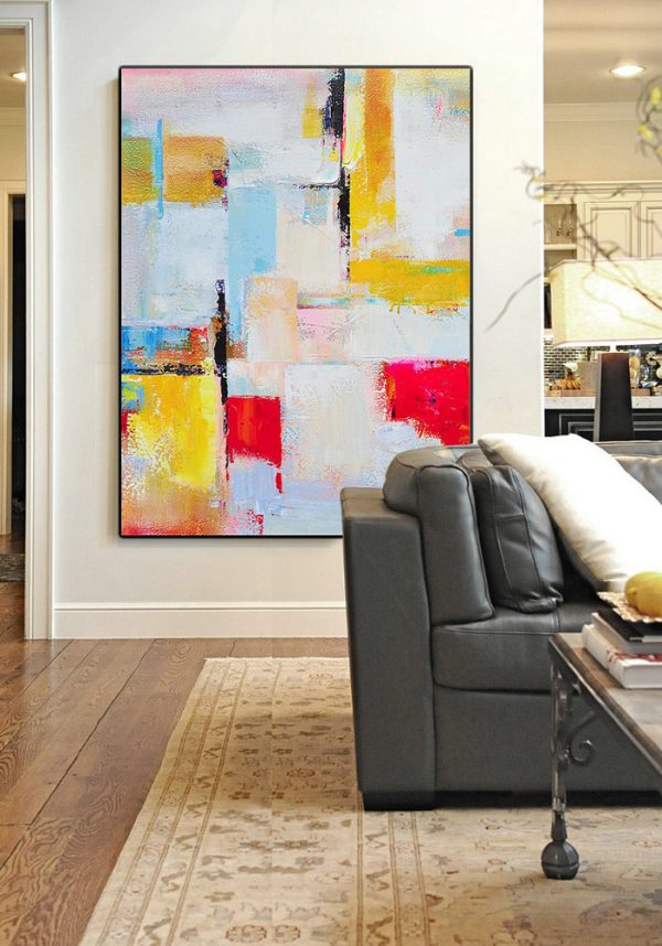 Extra Large Abstract Painting On Canvas,Vertical Palette Knife Contemporary Art,Big Canvas Painting,Pink,Red,Yellow,Grey,Sky Blue.etc - Image 5
