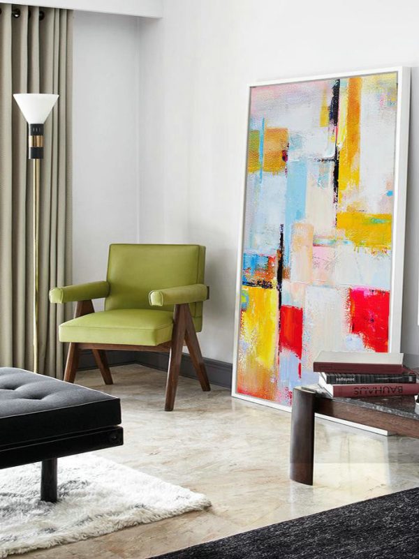 Extra Large Abstract Painting On Canvas,Vertical Palette Knife Contemporary Art,Big Canvas Painting,Pink,Red,Yellow,Grey,Sky Blue.etc - Image 7