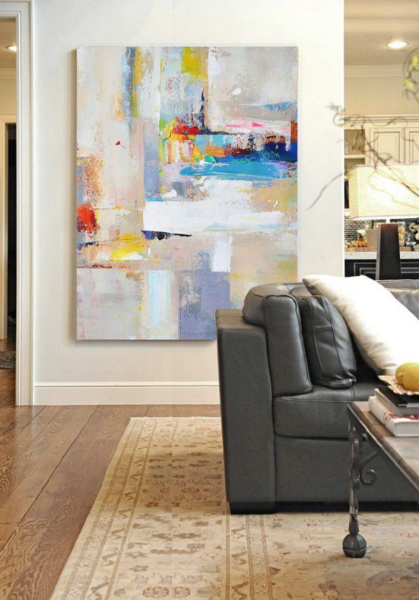 Large Abstract Art,Vertical Palette Knife Contemporary Art,Acrylic Painting On Canvas,Beige,White,Blue,Red,Yellow,Pink.etc - Image 2