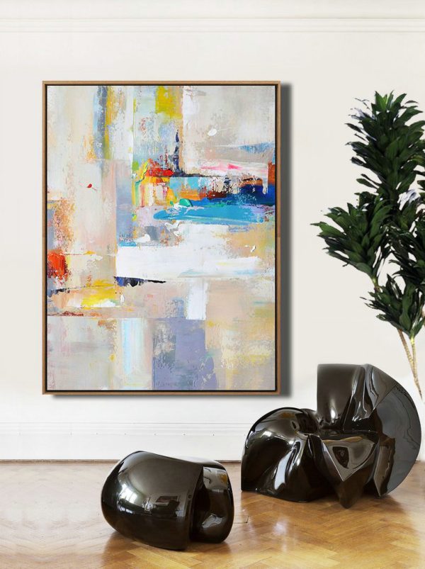 Large Abstract Art,Vertical Palette Knife Contemporary Art,Acrylic Painting On Canvas,Beige,White,Blue,Red,Yellow,Pink.etc - Image 3