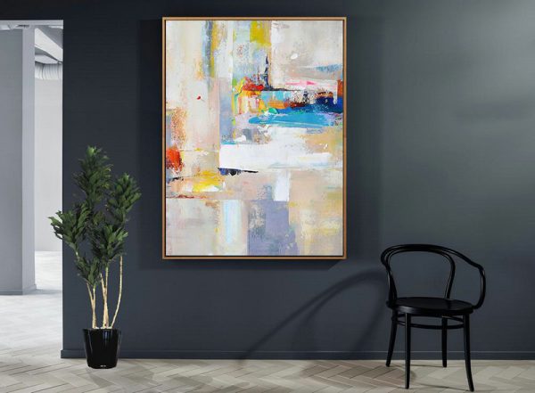 Large Abstract Art,Vertical Palette Knife Contemporary Art,Acrylic Painting On Canvas,Beige,White,Blue,Red,Yellow,Pink.etc - Image 4