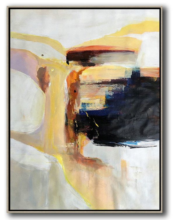 Hand Made Original Art,Vertical Palette Knife Contemporary Art,Huge Abstract Canvas Art,Grey,White,Yellow,Black.etc