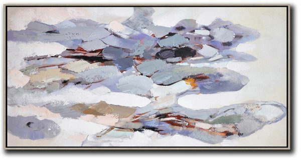 Handmade Large Contemporary Art,Horizontal Palette Knife Contemporary Art,Acrylic Painting On Canvas,White,Grey,Purple.etc