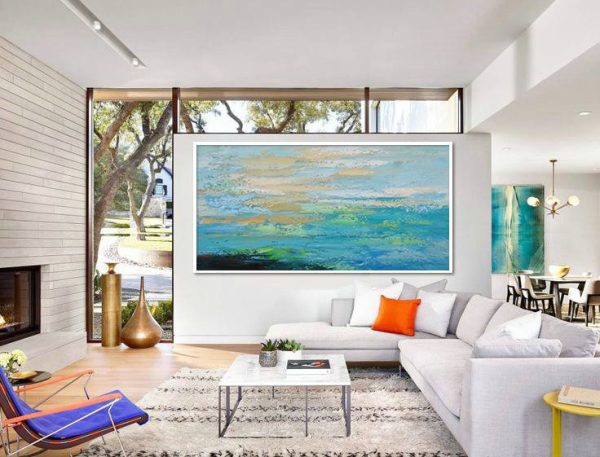 Large Abstract Art Handmade Painting,Horizontal Palette Knife Contemporary Art,Large Wall Art Home Decor,Blue,Yellow,Black,Green.etc - Image 2