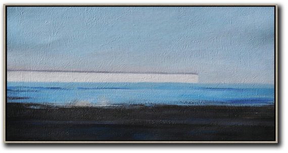 Large Abstract Painting Canvas Art,Hand Painted Panoramic Abstract Painting,Living Room Canvas Art,Sky Blue,White,Blue,Black.etc