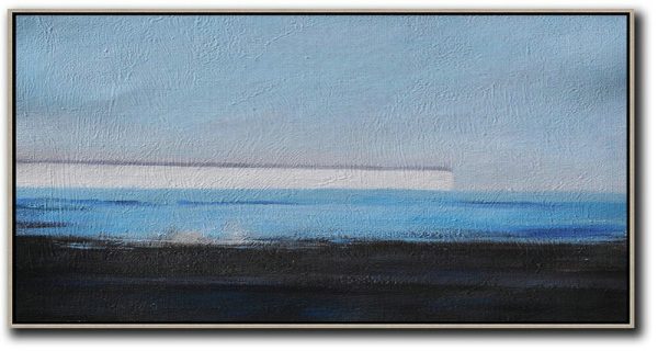 Large Abstract Painting Canvas Art,Hand Painted Panoramic Abstract Painting,Living Room Canvas Art,Sky Blue,White,Blue,Black.etc
