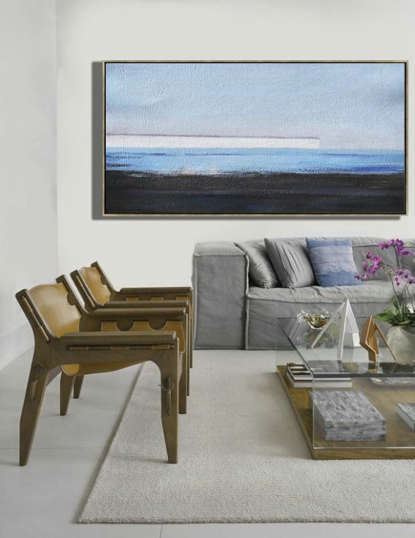 Large Abstract Painting Canvas Art,Hand Painted Panoramic Abstract Painting,Living Room Canvas Art,Sky Blue,White,Blue,Black.etc - Image 2