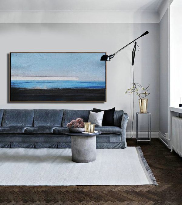Large Abstract Painting Canvas Art,Hand Painted Panoramic Abstract Painting,Living Room Canvas Art,Sky Blue,White,Blue,Black.etc - Image 3