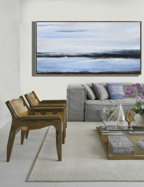Large Abstract Art Handmade Oil Painting,Panoramic Abstract Landscape Painting On Canvas,Wall Art Ideas For Living Room,Grey,Blue,Black.etc - Image 2