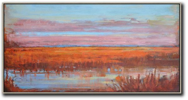 Large Abstract Art,Panoramic Abstract Landscape Painting,Modern Canvas Art,Sky Blue,Pink,Orange,Red