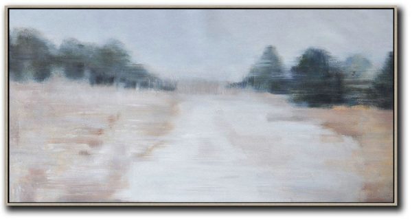Extra Large Abstract Painting On Canvas,Panoramic Abstract Landscape Painting,Wall Art Painting,Grey,Dark Green,Nude