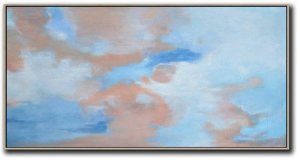 Handmade Extra Large Contemporary Painting,Panoramic Abstract Landscape Painting,Huge Abstract Canvas Art,Pink,Blue,White