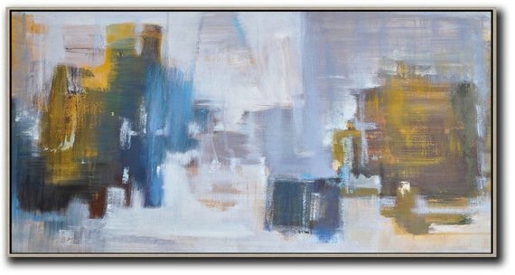 Extra Large Textured Painting On Canvas,Panoramic Abstract Landscape Painting,Big Painting,Yellow,Blue,White,Purple Grey