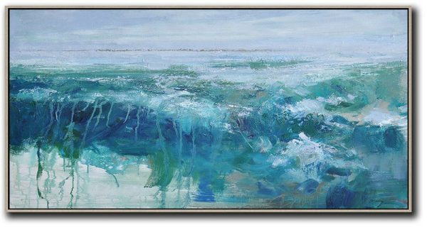 Hand Painted Extra Large Abstract Painting,Panoramic Abstract Landscape Painting,Acrylic Painting On Canvas,Sky Blue,Green,Dark Blue.etc