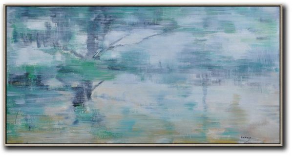Abstract Painting Extra Large Canvas Art,Panoramic Abstract Landscape Painting,Acrylic Painting Large Wall Art,Blue Grey,Green,White,Yellow.etc
