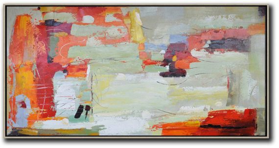 Handmade Large Contemporary Art,Horizontal Palette Knife Contemporary Art,Modern Art Abstract Painting,Red,Light Green,White,Yellow.etc