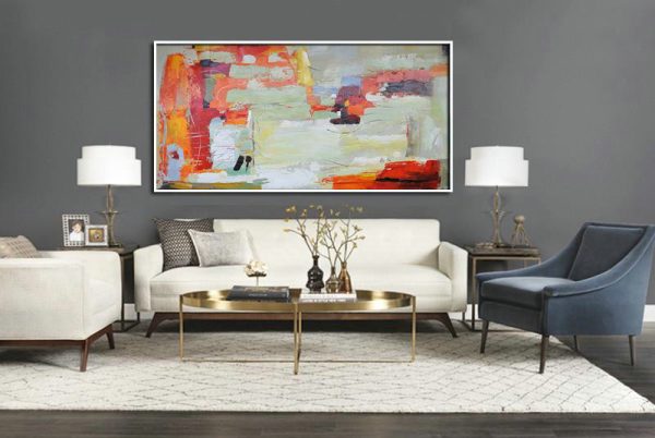Handmade Large Contemporary Art,Horizontal Palette Knife Contemporary Art,Modern Art Abstract Painting,Red,Light Green,White,Yellow.etc - Image 2