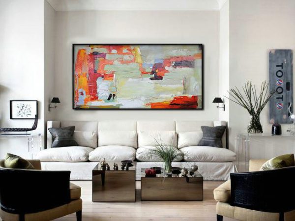 Handmade Large Contemporary Art,Horizontal Palette Knife Contemporary Art,Modern Art Abstract Painting,Red,Light Green,White,Yellow.etc - Image 3