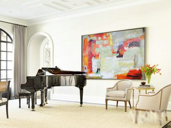 Handmade Large Contemporary Art,Horizontal Palette Knife Contemporary Art,Modern Art Abstract Painting,Red,Light Green,White,Yellow.etc - Image 4