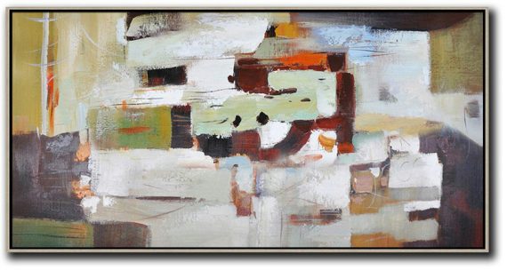 Handmade Painting Large Abstract Art,Horizontal Palette Knife Contemporary Art,Lounge Wall Decor,White,Grey,Light Green,Brown.etc
