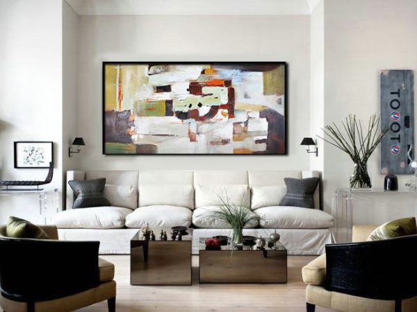 Handmade Painting Large Abstract Art,Horizontal Palette Knife Contemporary Art,Lounge Wall Decor,White,Grey,Light Green,Brown.etc - Image 2