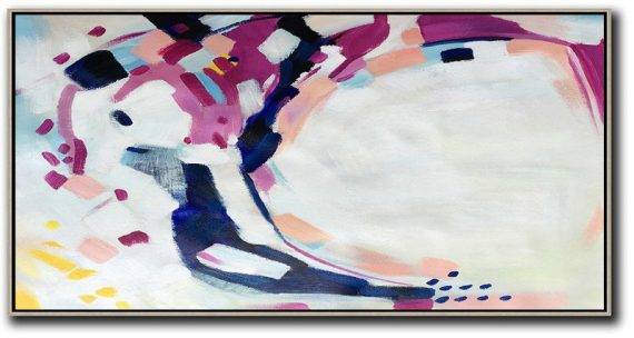 Large Abstract Painting,Horizontal Palette Knife Contemporary Art,Wall Art Ideas For Living Room,White,Purple,Dark Blue,Pink,Yellow.etc