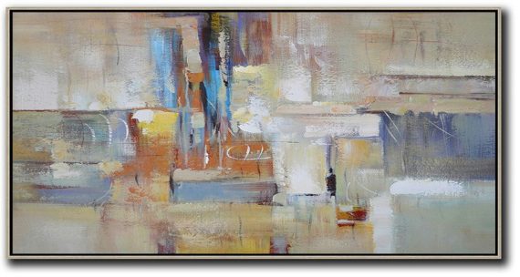 Large Modern Abstract Painting,Horizontal Palette Knife Contemporary Art,Pretty Abstract Paintings,Earthy Yellow,Blue,White,Brown.etc
