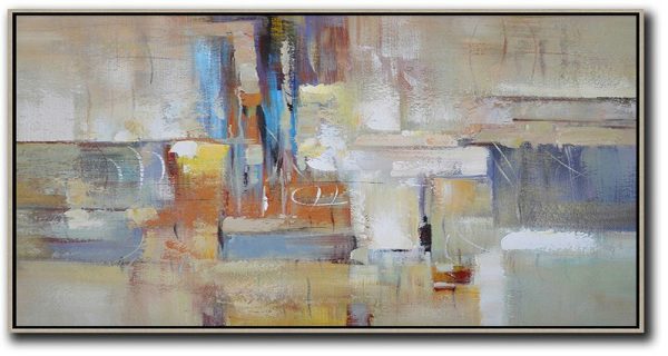 Large Modern Abstract Painting,Horizontal Palette Knife Contemporary Art,Pretty Abstract Paintings,Earthy Yellow,Blue,White,Brown.etc