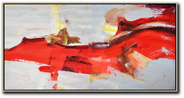 Extra Large Acrylic Painting On Canvas,Horizontal Palette Knife Contemporary Art Panoramic Canvas Painting,Large Wall Canvas,Red,Grey,Yellow.etc