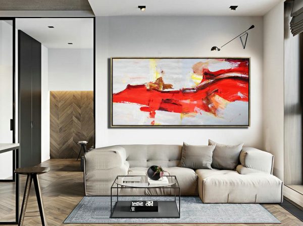 Extra Large Acrylic Painting On Canvas,Horizontal Palette Knife Contemporary Art Panoramic Canvas Painting,Large Wall Canvas,Red,Grey,Yellow.etc - Image 3