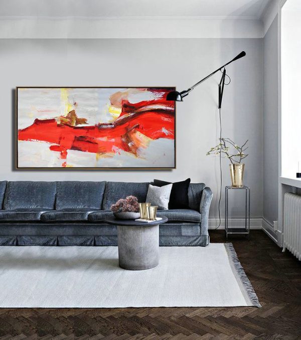 Extra Large Acrylic Painting On Canvas,Horizontal Palette Knife Contemporary Art Panoramic Canvas Painting,Large Wall Canvas,Red,Grey,Yellow.etc - Image 4