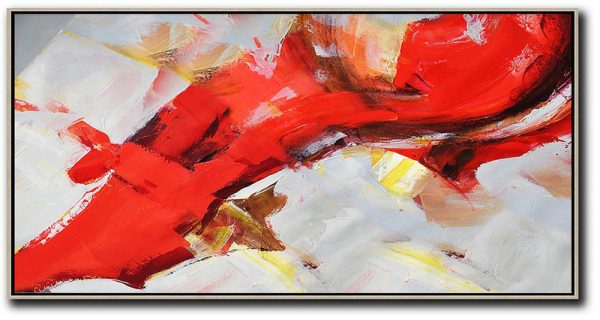 Original Abstract Painting Extra Large Canvas Art,Horizontal Palette Knife Contemporary Art Panoramic Canvas Painting,Huge Canvas Art On Canvas,Red,White,Yellow.etc