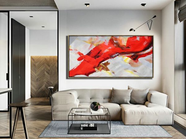 Original Abstract Painting Extra Large Canvas Art,Horizontal Palette Knife Contemporary Art Panoramic Canvas Painting,Huge Canvas Art On Canvas,Red,White,Yellow.etc - Image 3
