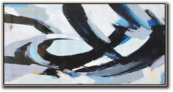 Handmade Large Painting,Horizontal Palette Knife Contemporary Art Panoramic Canvas Painting,Modern Paintings On Canvas,Black,White,Grey,Blue.etc