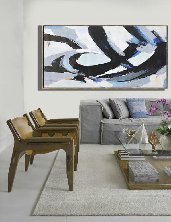Handmade Large Painting,Horizontal Palette Knife Contemporary Art Panoramic Canvas Painting,Modern Paintings On Canvas,Black,White,Grey,Blue.etc - Image 3
