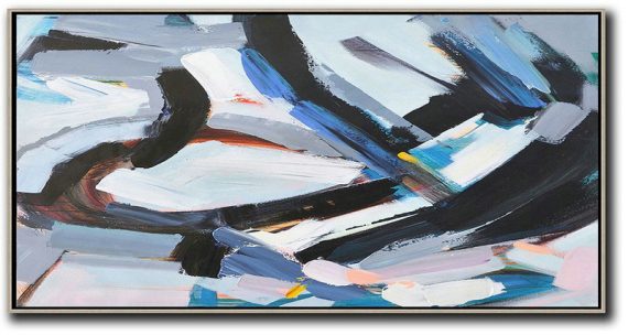 Original Artwork Extra Large Abstract Painting,Horizontal Palette Knife Contemporary Art Panoramic Canvas Painting,Extra Large Artwork,White,Blue,Black,Grey.etc