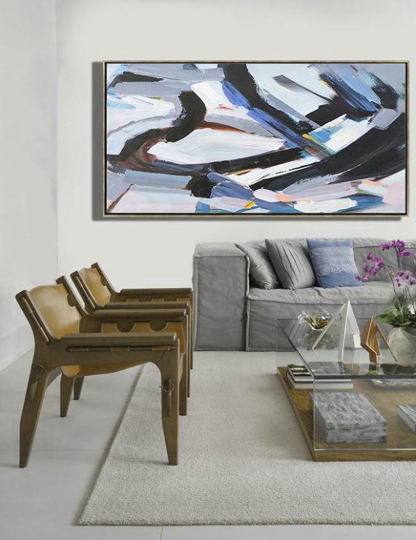 Original Artwork Extra Large Abstract Painting,Horizontal Palette Knife Contemporary Art Panoramic Canvas Painting,Extra Large Artwork,White,Blue,Black,Grey.etc - Image 3