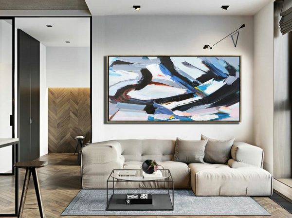 Original Artwork Extra Large Abstract Painting,Horizontal Palette Knife Contemporary Art Panoramic Canvas Painting,Extra Large Artwork,White,Blue,Black,Grey.etc - Image 4