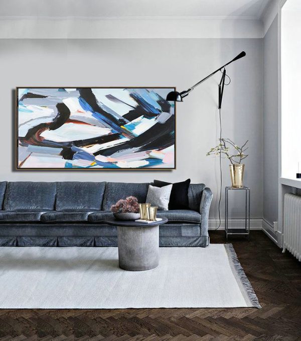 Original Artwork Extra Large Abstract Painting,Horizontal Palette Knife Contemporary Art Panoramic Canvas Painting,Extra Large Artwork,White,Blue,Black,Grey.etc - Image 5