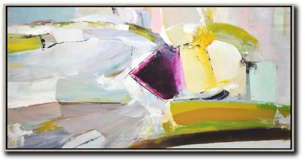 Extra Large 72 Acrylic Painting,Horizontal Palette Knife Contemporary Art Panoramic Canvas Painting,Large Abstract Wall Art,Yellow,Grey,Purple.etc